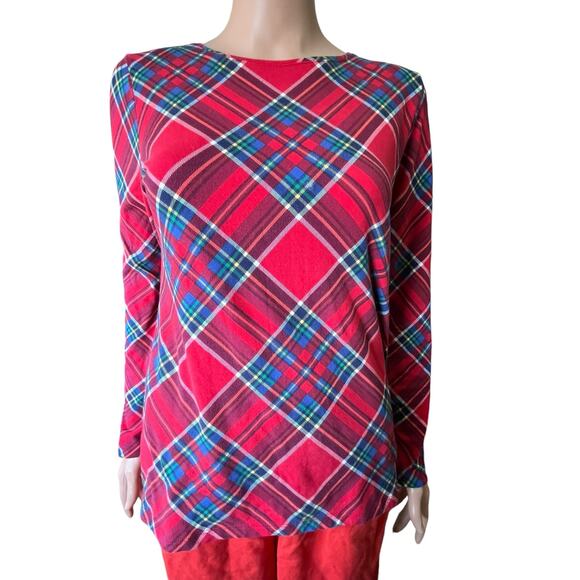 Talbots Flannel Tartan Red Plaid Long Sleeve Tee Shirt Cabincore Holiday Soft S - Picture 1 of 4